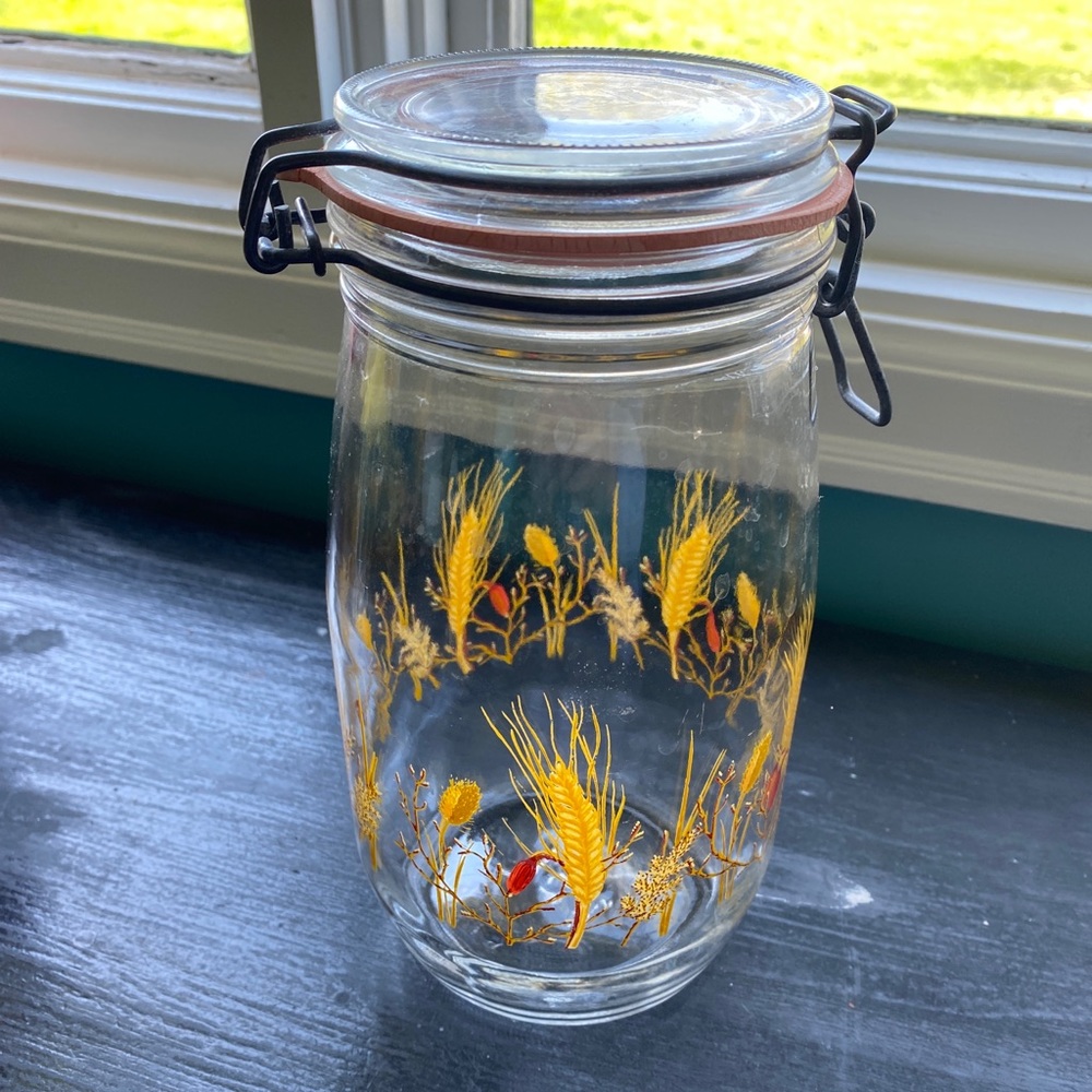 vintage glass jar with wheat design